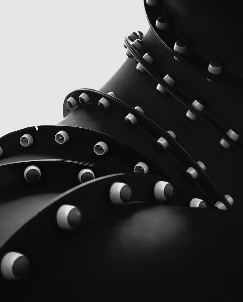 foto en blanco y negro de una tubería con bridas