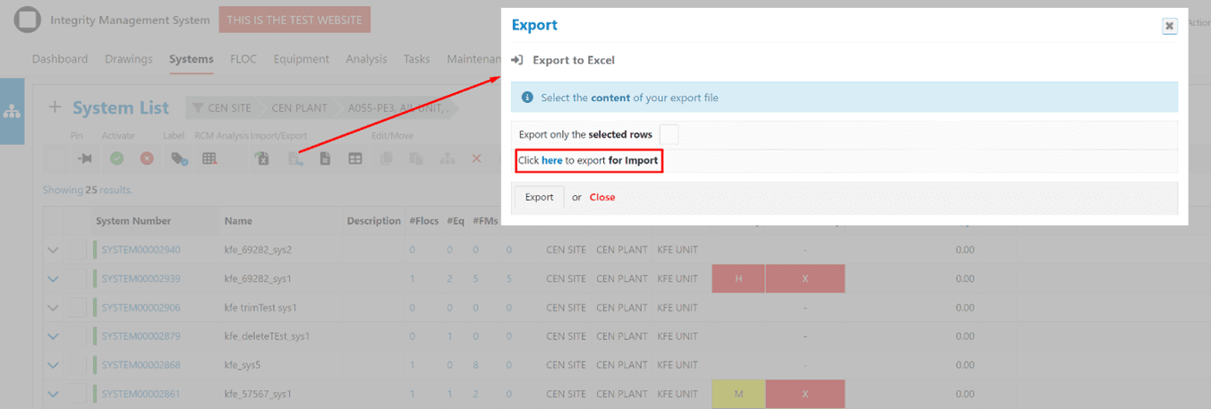 export for import functionality for systems in ims rcm