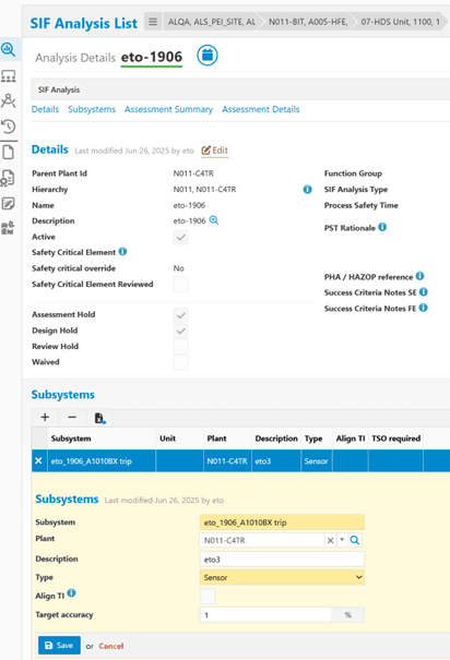 modify the subsystem parameters in sif analysis