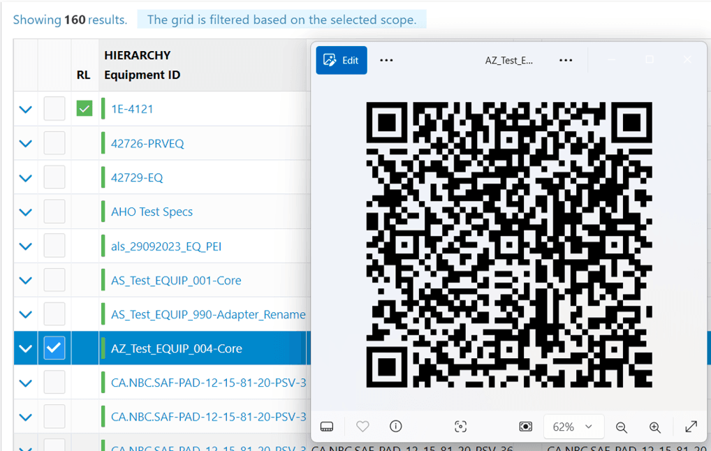qr code generation for equipment id across ims