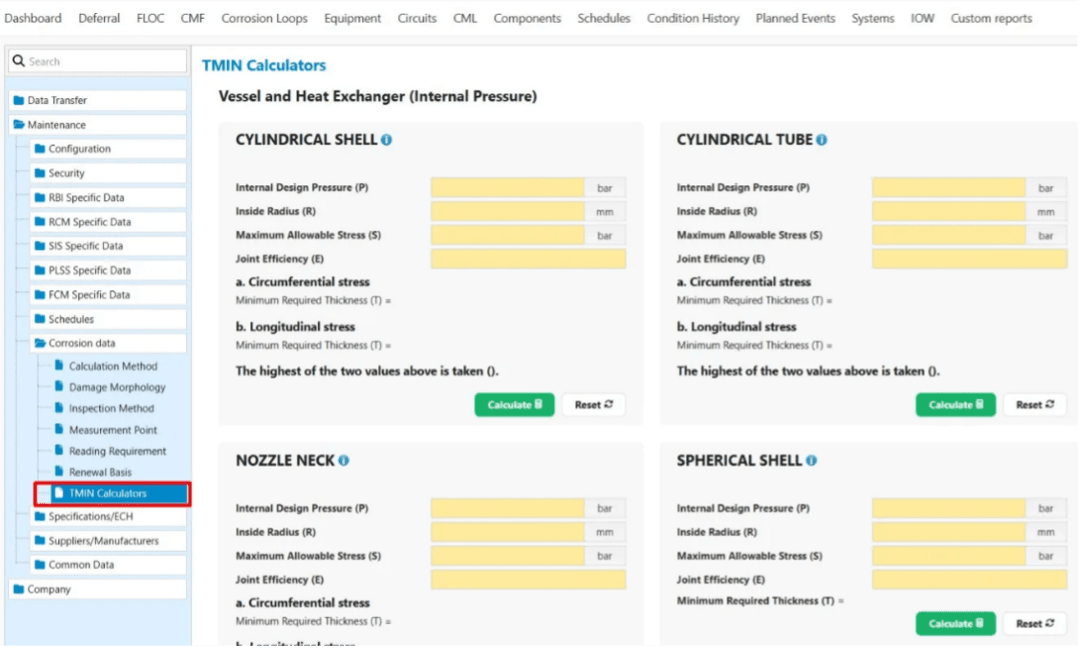minimal wall thickness tmin calculators in ims pei