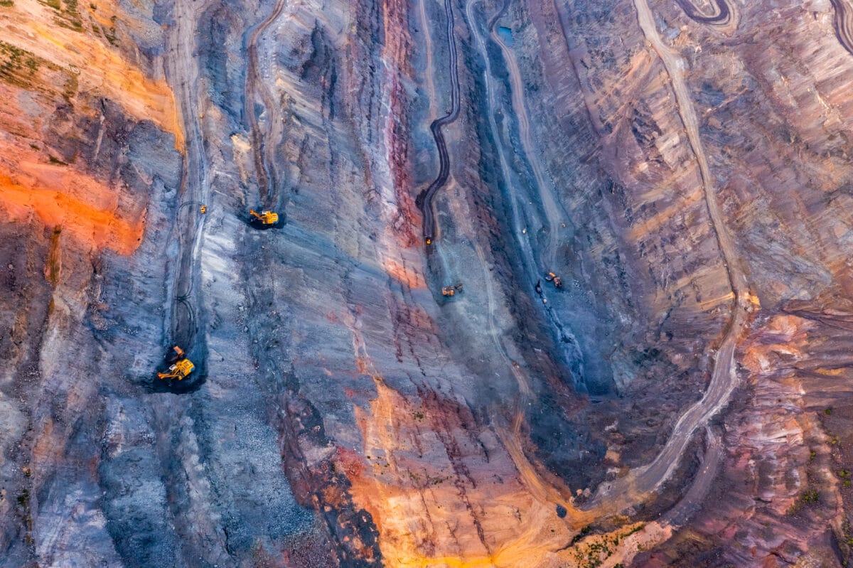 aerial view of an open pit of iron ore. resource mining.