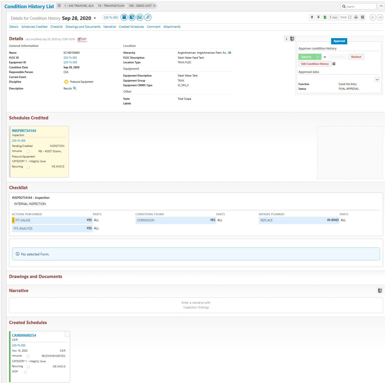 tank inspections - condition history and repair schedule